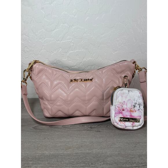New Betsey Johnson Coco‎ Crossbody Pink Quilted Swag Bag and Floral Pouch Purse - Picture 2 of 6